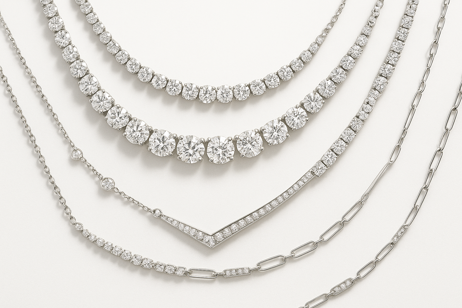 thumbnail image for Necklace collection. these are the kinds of necklaces in the collection. Graduating Necklaces
Riviera Necklaces
Diamonds on the Chain
Fashion
Paper Clip